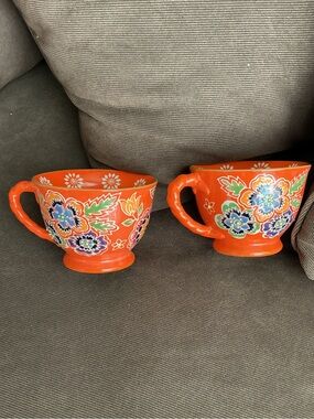 Yokohama Studio Orange Floral Hand-Painted Porcelain Cup (Set of 2)